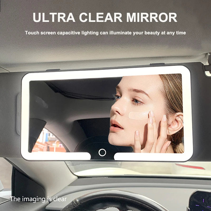 Espejos interiores de coche con visera solar, espejo de maquillaje LED HD para niñas y mujeres, luz de relleno recargable, espejo de tocador fino universal.